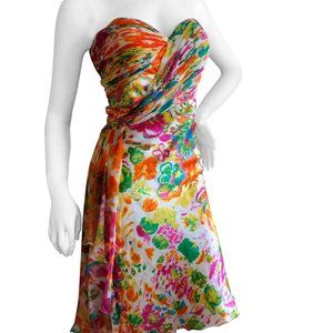 Diane Fres Strapless Silk Floral Embellished Cocktail Dress